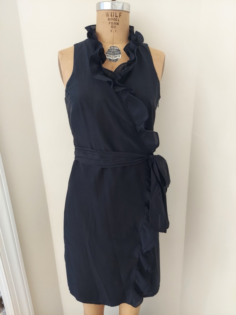 LOFT Black Ruffle Wrap Dress with Side Tie
